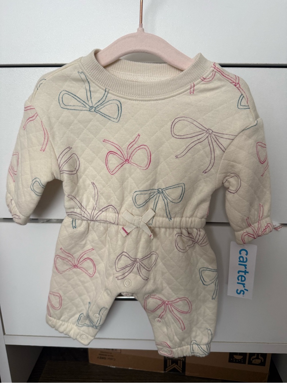 Carter's Quilted Bow-Print Newborn Romper in Cream with Pink & Blue Bows
